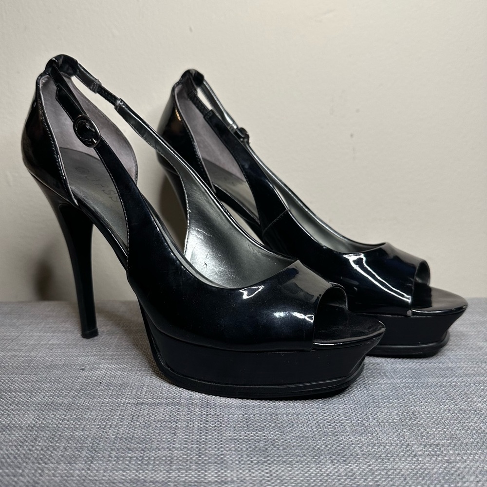 Guess Black Patent Peep Toe High Heels